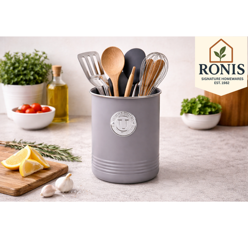 Grey ribbed utensil holder for kitchen counter organization
