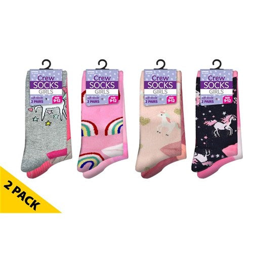Unicorn and rainbow crew socks 2 pack assorted designs available in three sizes