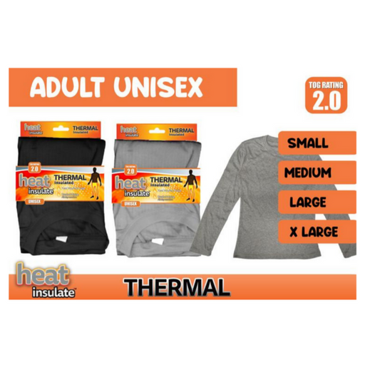 Unisex adult thermal top in assorted colours, long sleeve base layer for winter warmth and cold weather layering