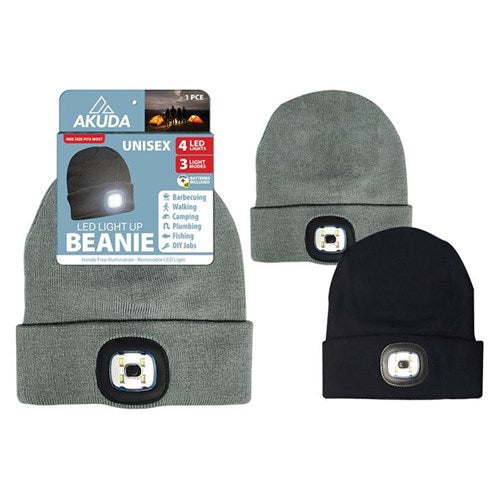 Unisex knitted LED beanie in assorted colours with battery-operated light and 3 functions, warm winter hat for night visibility and outdoor use