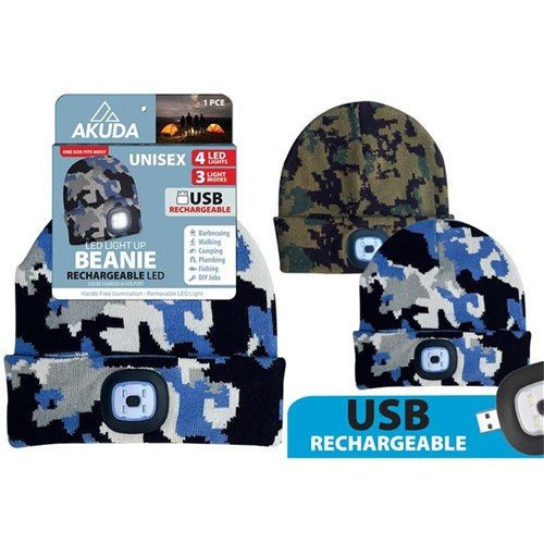 Unisex knitted LED beanie with USB rechargeable light and 3 functions in assorted colours, warm winter hat for camping, commuting and night visibility