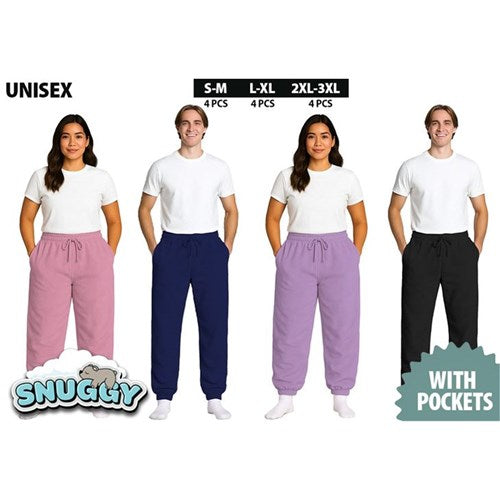 Unisex Snuggy Sherpa pants in assorted solid print designs, featuring ultra-soft fleece for warm, cosy comfort during colder days and nights.