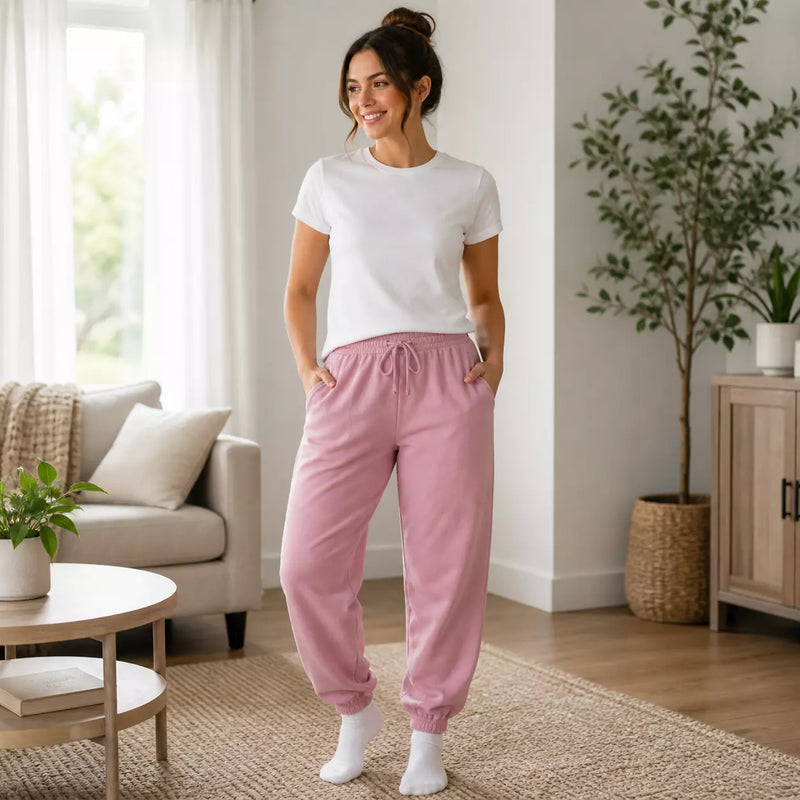 Unisex Snuggy Sherpa pants in assorted solid print designs, featuring ultra-soft fleece for warm, cosy comfort during colder days and nights.