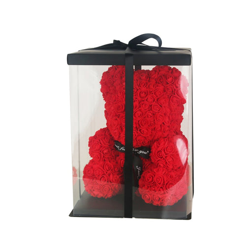 Red foam rose bear in clear gift box 35cm