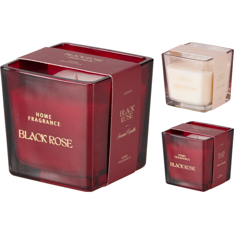 scented candle in glass measuring 8 x 8 x 8cm