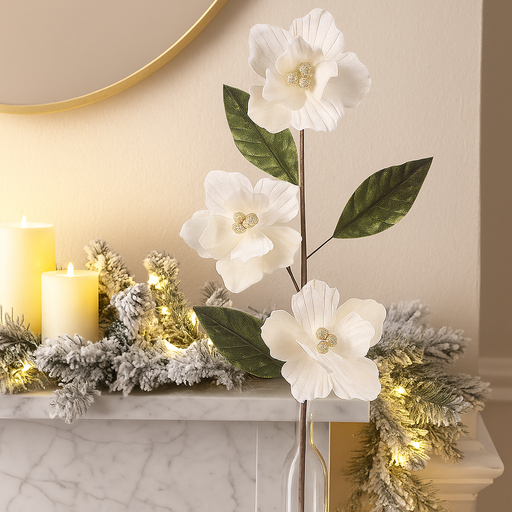 Ivory velour magnolia flower stem with green leaves, 70cm long with 15cm bloom