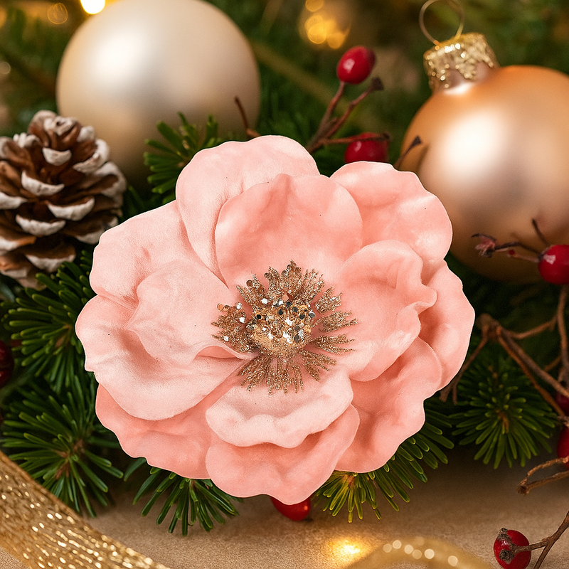Pale Pink Velour Magnolia with Champagne Centre and Clip 12x15cm Christmas Decoration
