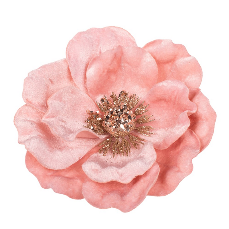 Pale Pink Velour Magnolia with Champagne Centre and Clip 12x15cm Christmas Decoration