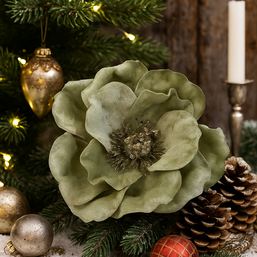 Mint Velour Magnolia with Clip 12x15cm Christmas Decoration