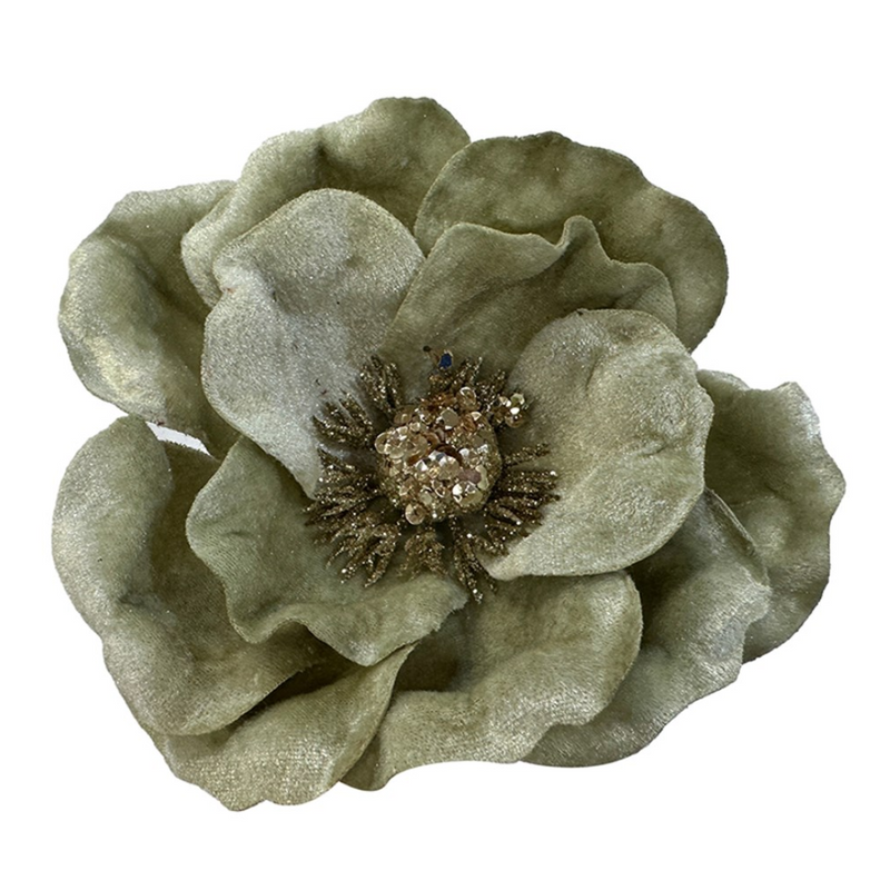 Mint Velour Magnolia with Clip 12x15cm Christmas Decoration