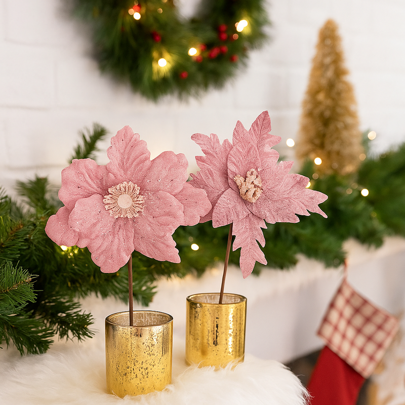 Velour Poinsettia and Magnolia with White Icing in assorted pink tones for elegant Christmas décor