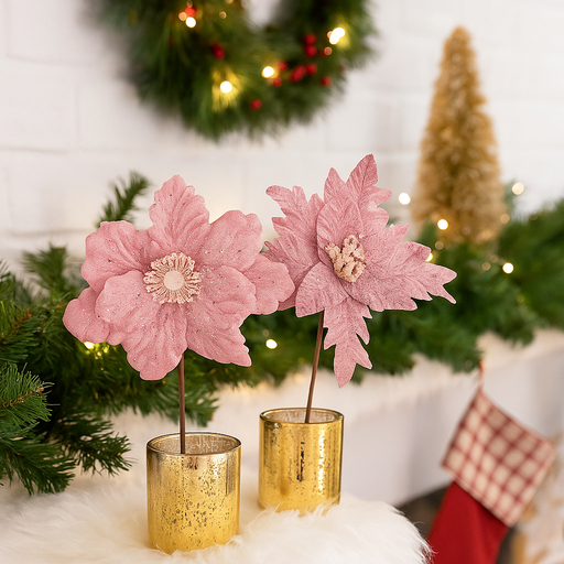 Velour Poinsettia and Magnolia with White Icing in assorted pink tones for elegant Christmas décor