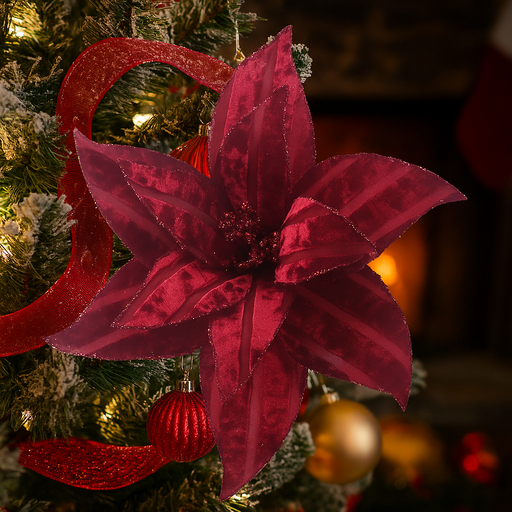 Artificial Red Poinsettia with Velour Finish and Clip 31cm