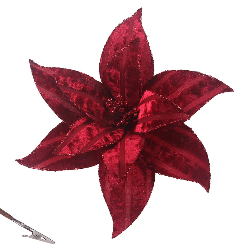 Artificial Red Poinsettia with Velour Finish and Clip 31cm