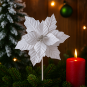 White velour poinsettia with silver trim 28cm Christmas decoration