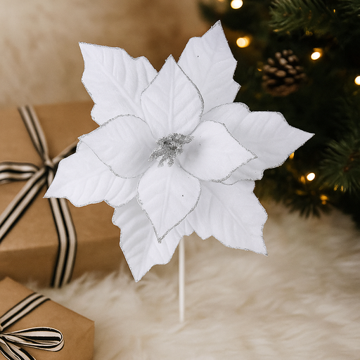 White velour poinsettia flower with silver trim 28cm Christmas decoration