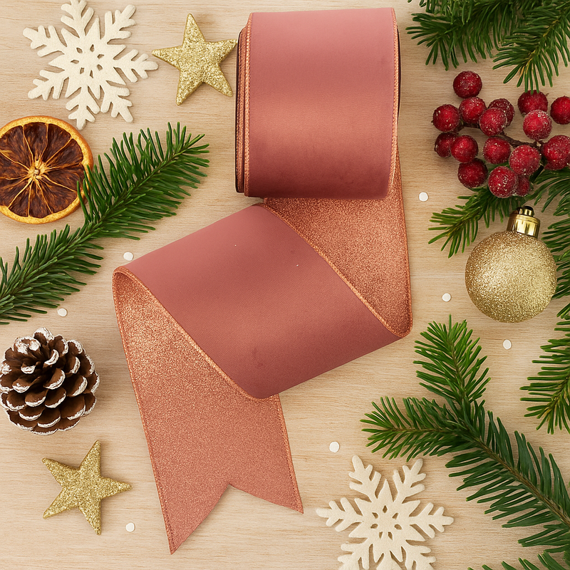 Pink Velour Ribbon with Pink Glitter Backing and Wired Edge 10cm x 10m