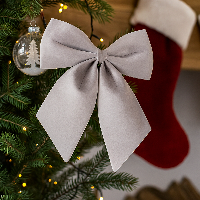 Large silver velvet bow 24x29cm for Christmas tree, wreath, or festive décor