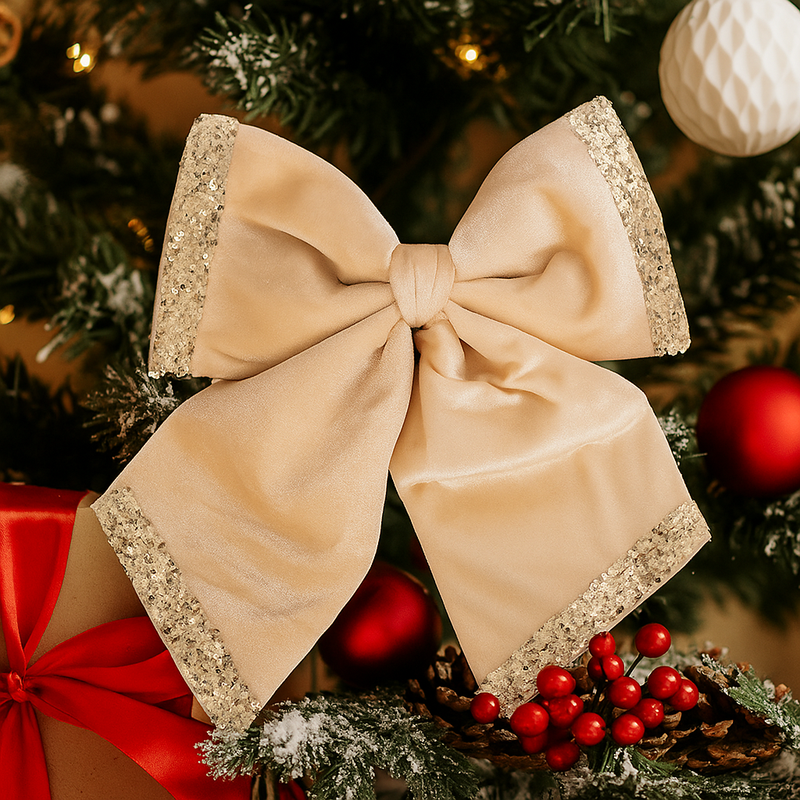 Velvet Bow with Champagne Glitter Edging 30x35cm Ivory for elegant Christmas décor