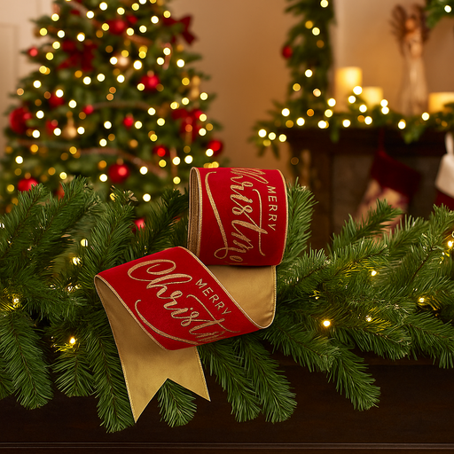 Festive Velvet Ribbon with Merry Christmas Glitter Design for Wrapping