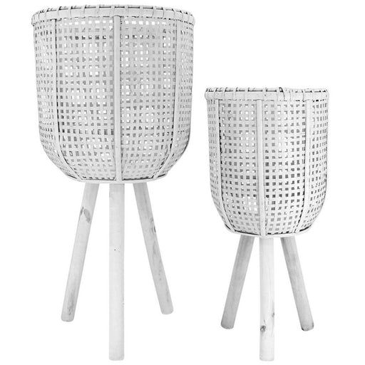 Set of 2 white bamboo planters on legs