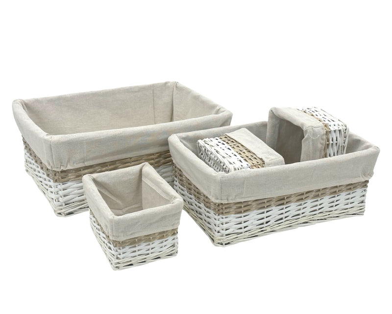 Set of five rectangular willow storage baskets with woven natural finish