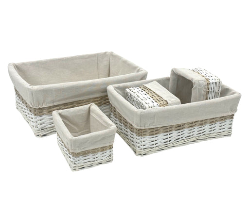 Set of five rectangular willow storage baskets with woven natural finish
