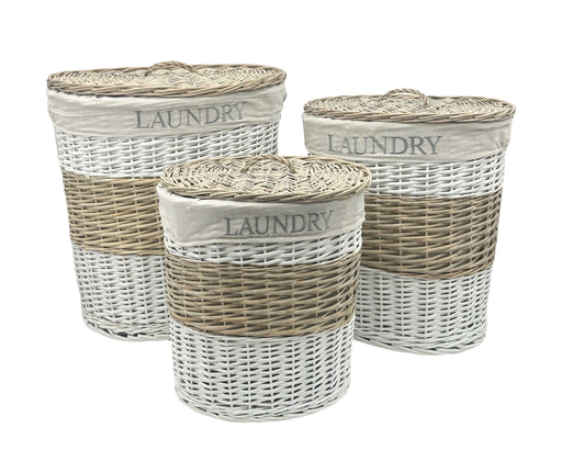 Set of three oval willow laundry baskets with natural woven finish