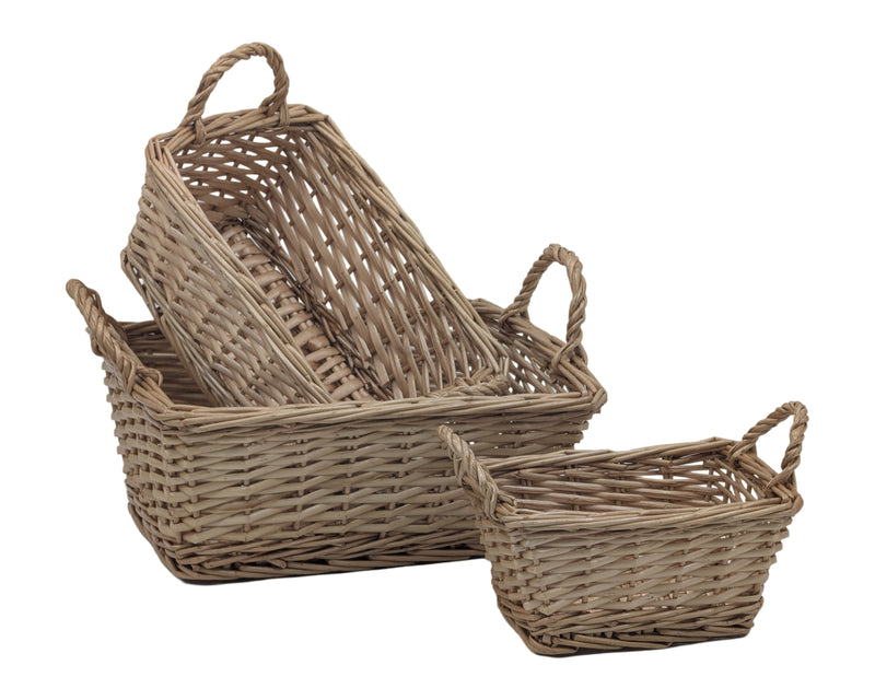 Three rectangular willow catering baskets with natural woven finish