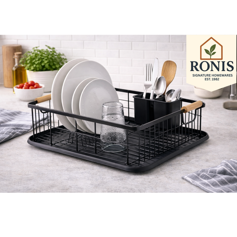 Black metal dish drying rack with bamboo handles and plastic drip tray