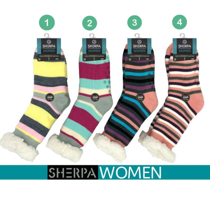 Ladies Knitted Sherpa Socks Stripe 1Pair