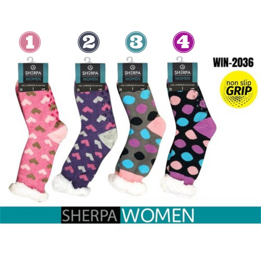 Ladies Knitted Sherpa Socks Hearts & Dots