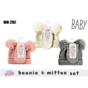 Baby Beanie w/ Double Pompom & Mitten 2pk
