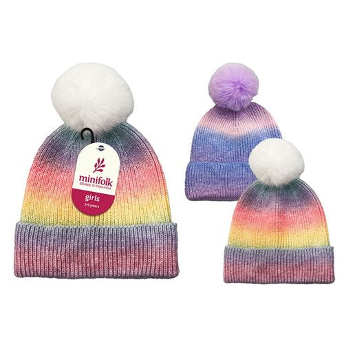 Vivid multi colored striped winter headwear with fluffy accent
