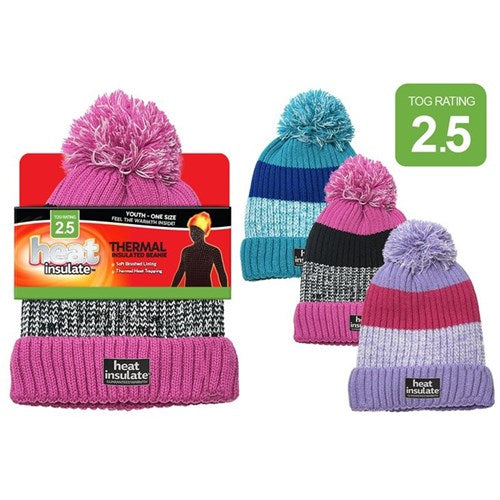 Youth striped winter headwear with fluffy top