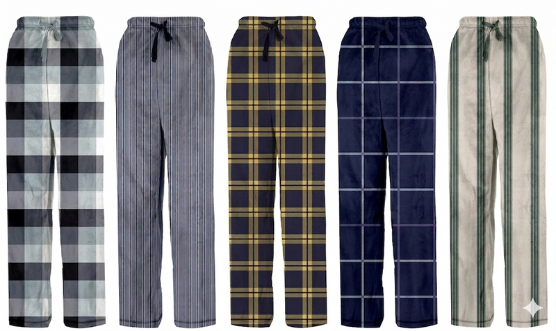 Five pairs of plaid and checkered pajama pants displayed side by side.