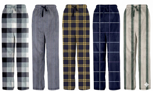 Five pairs of plaid and checkered pajama pants displayed side by side.