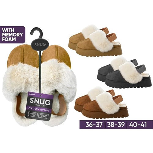 Ladies fuzzy indoor shoes with exposed heel and strap