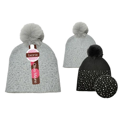 Cozy winter headwear embellished with rhinestones and a fluffy accent