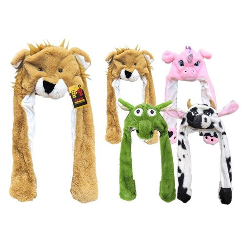 Plush interactive winter headwear with long hanging sides