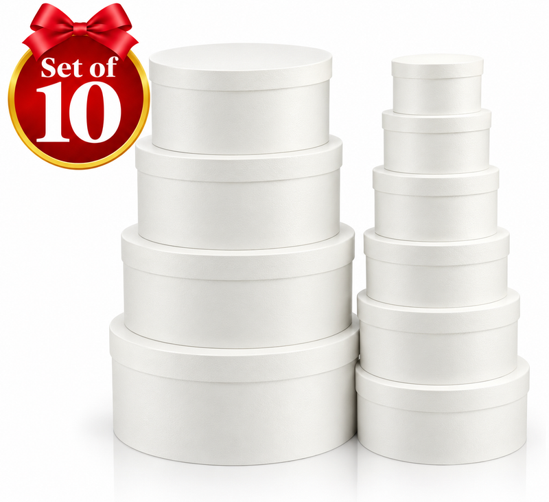 White textured flock round hat boxes in a coordinated set of 10