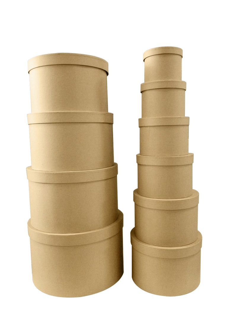 Set of ten round natural brown kraft gift boxes