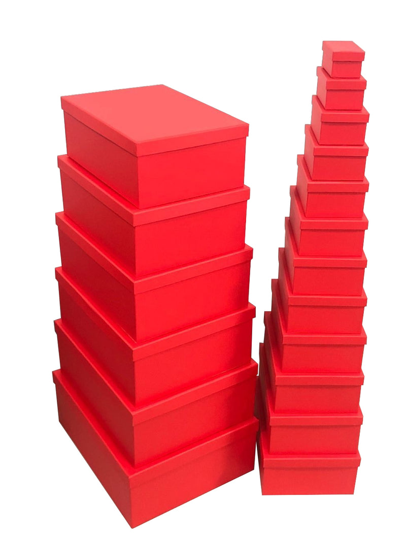 Set of eighteen glossy red gift boxes in assorted sizes