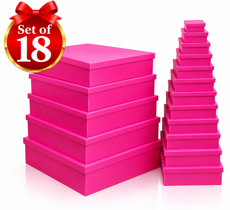 Vibrant hot pink gift boxes in a coordinated set of 18
