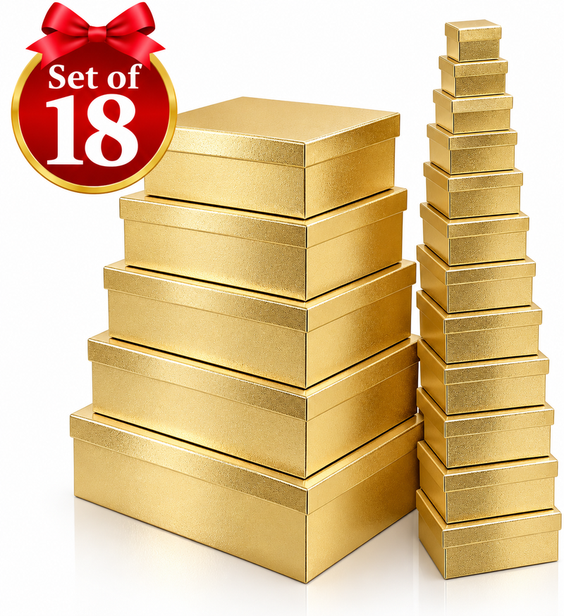 Gold metallic textured gift boxes in a set of 18