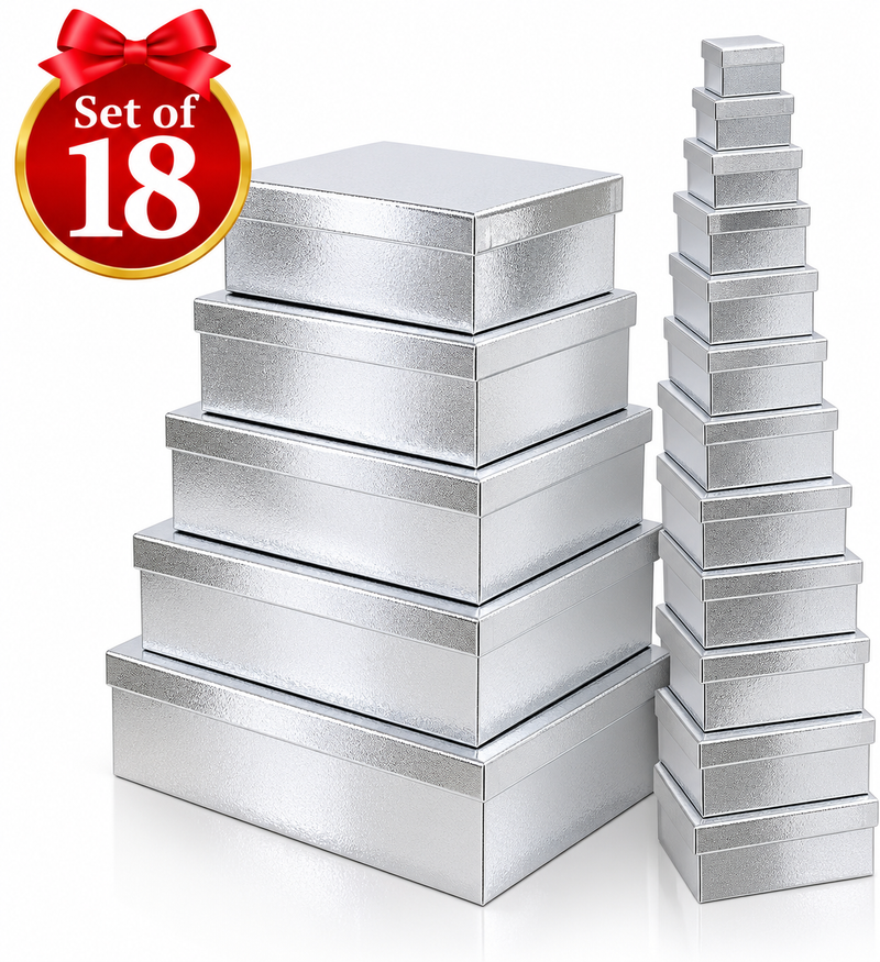 Silver metallic textured gift boxes in a coordinated set of 18