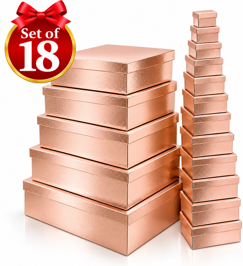 Rose gold metallic textured gift boxes in a set of 18
