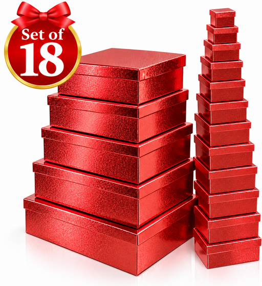 Red metallic textured gift boxes in a coordinated set of 18
