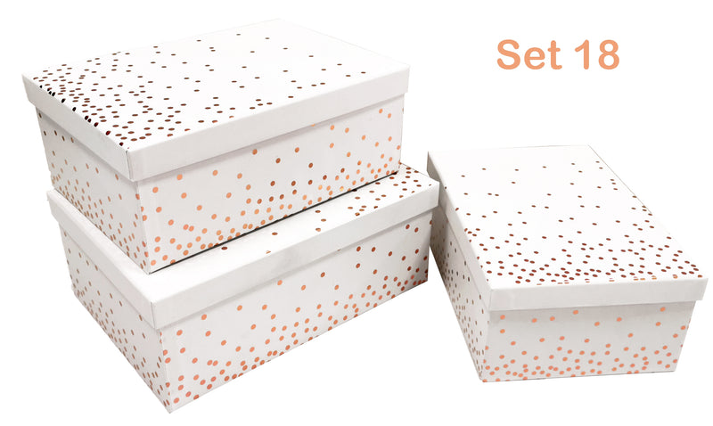 Set of eighteen white gift boxes with rose gold foil dots