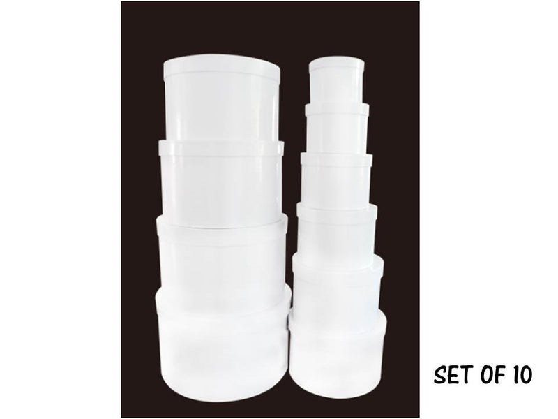 Set of ten round white gift boxes in assorted nesting sizes